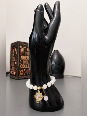 White Beaded Planet Charm Bracelet Gold Tone Stretch Celestial Jewelry Gift